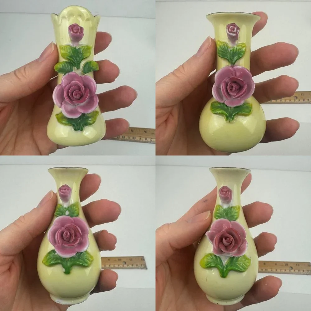 Vtg 40s/50s Maruyama Miniature Small‎ Vases Pink Rose Floral Japan Damaged READ
